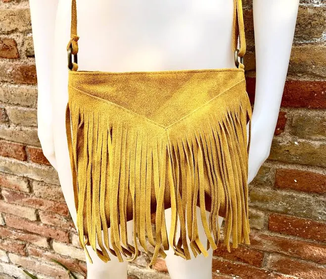 bag Cross body bag. BOHO suede leather bag in MUSTARD with FRINGES. Messenger bag in soft genuine suede leather. Yellow crossbody hippy bag Etsy - goodtimesbarcelona $43.07