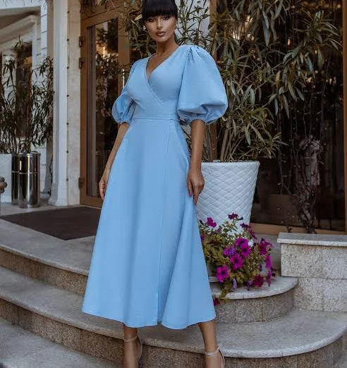 dress Elagia Women's Puff-Sleeve Wrap Midi Dress Elagia $129