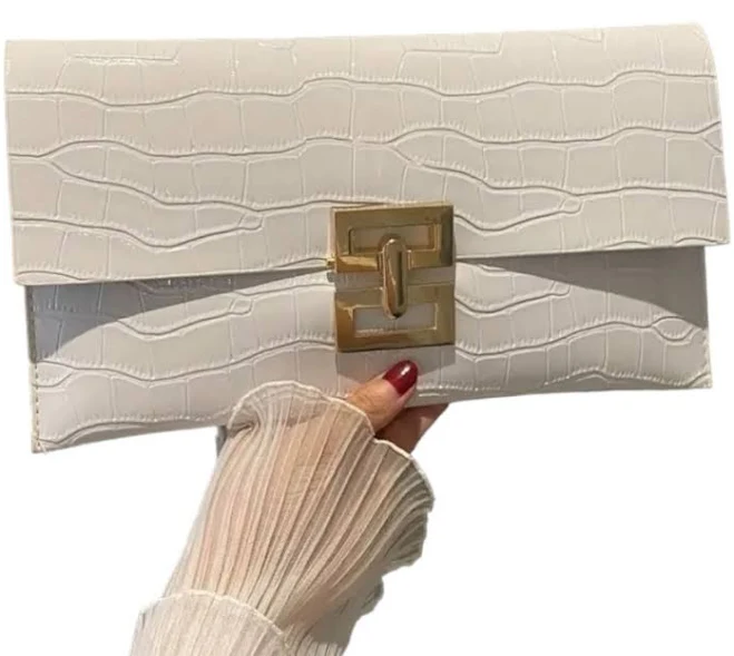 bag Elegant White Vegan Leather Crocodile Print Clutch Purse with Gold Buckle Etsy - Seller $14.99