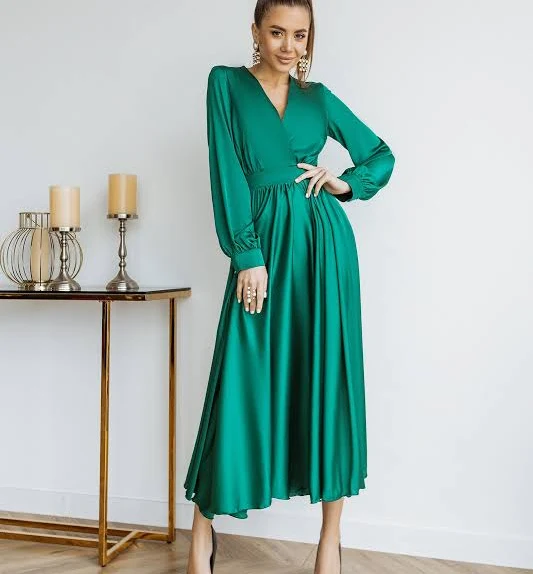 dress Emerald Silk Long Sleeve Maxi Dress Elagia $134