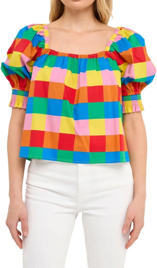 sleeveless top English Factory Women's Square Neckline Puff Sleeve Checkered Cotton Top Nordstrom $90
