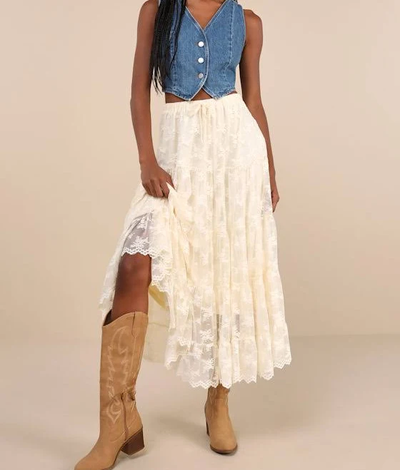 skirt Exceptionally Graceful High-Rise Tiered Lace Midi Skirt Lulus $59