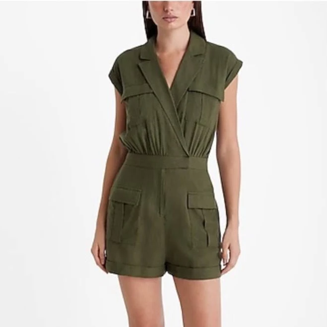 romper Express Pants & Jumpsuits | Express Olive Green Short Sleeve Linen Blend Cargo Romper | Color: Green | Size: S | Smgteach's Closet Poshmark $30