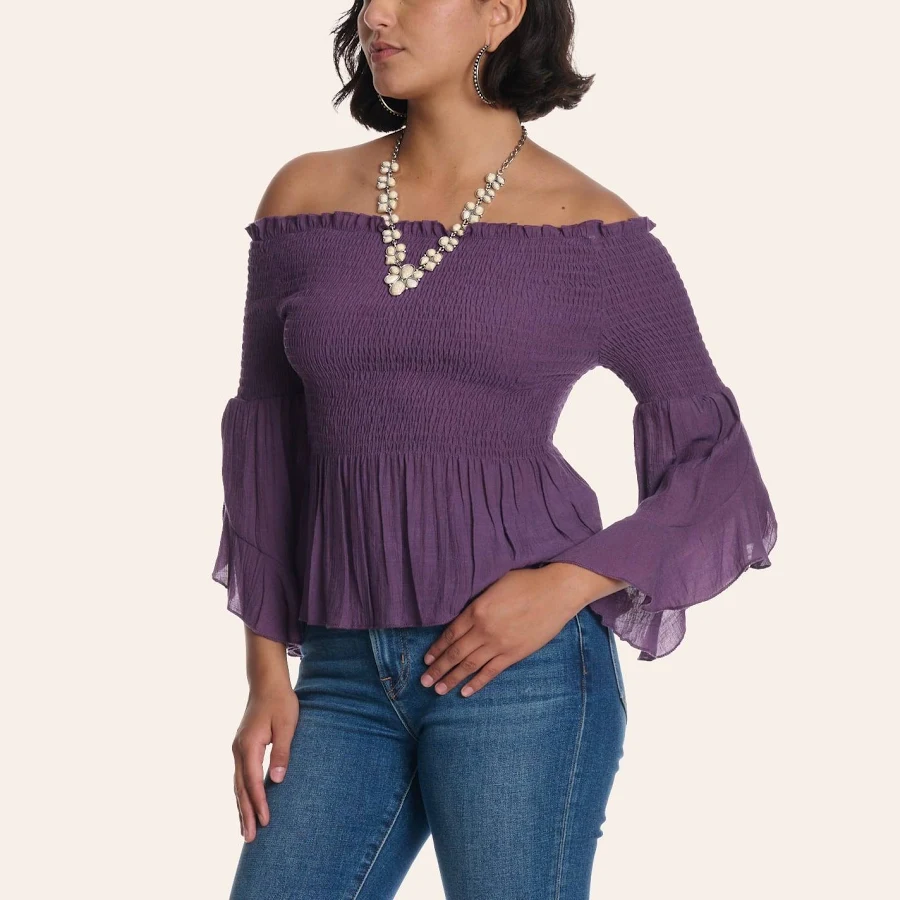 top Fashion Express Women's Off Shoulder Smocked Bell Sleeve Top Cavender's Boot City Western Store $18.98