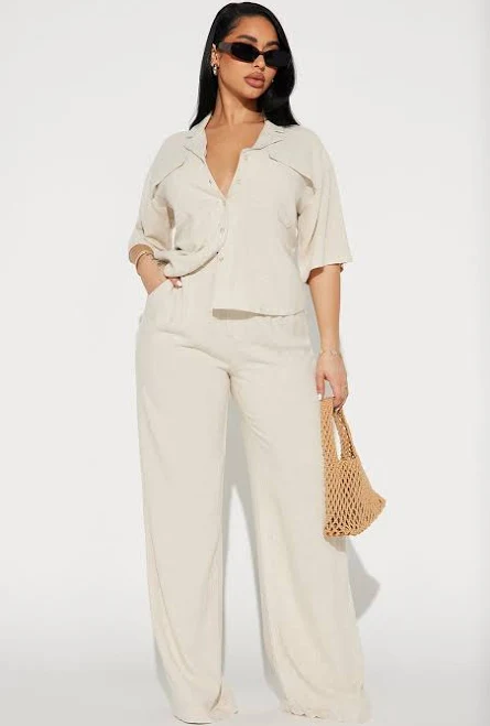 matching set Fashion Nova Short Sleeve Linen Button Up Shirt Wide Leg Pant Set Size Fashion Nova $30.99
