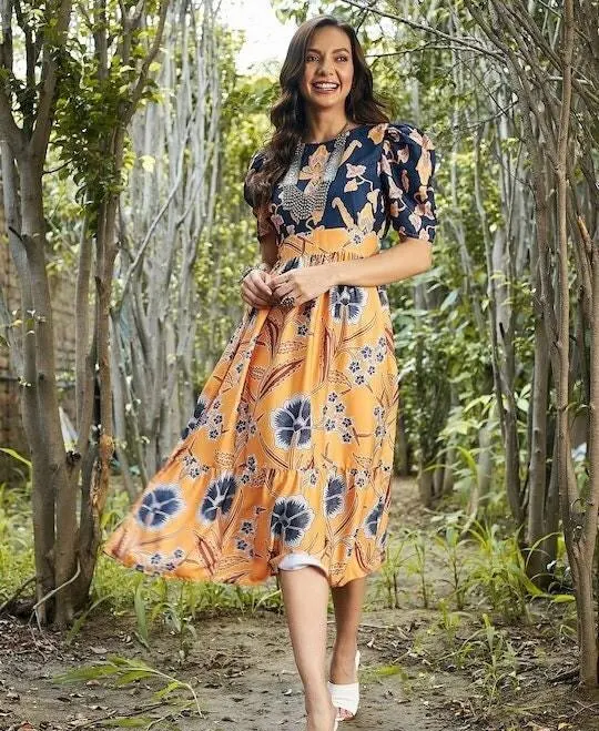 dress Floral Crepe Empire Midi Dress VitansEthnics $59
