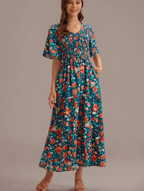 dress Floral Short Sleeve V Neck Maxi Dress Petal Lush $49