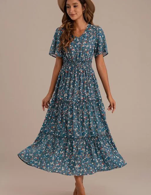 dress Floral Short Sleeve V-Neck Tiered Maxi Dress Petal Lush $43