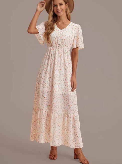 dress Floral V Neck Short Sleeve Tiered Maxi Dress Petal Lush $46