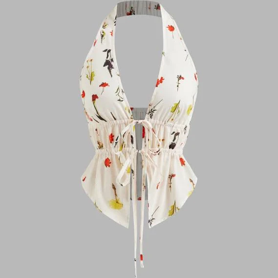 crop top Floral Woven Halter Top with Tie Front Bow Cider $18.32