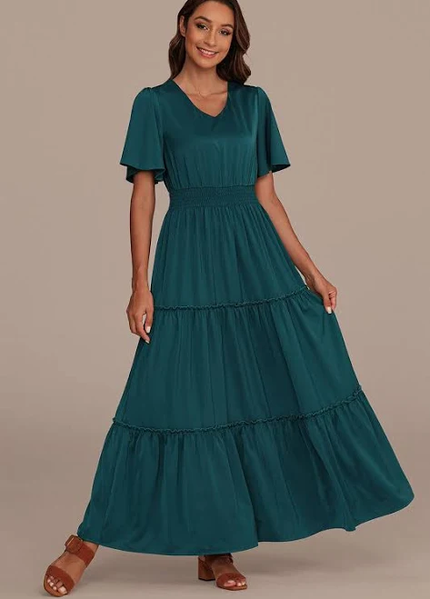 dress Flutter Sleeve V Neck Tiered Maxi Dress Petal Lush $52