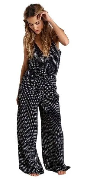 jumpsuit Flynn Skye Polka Dot Wide Leg Jumpsuit Navy White V Neck Sleeveless eBay - kenzoflight514 $64.95