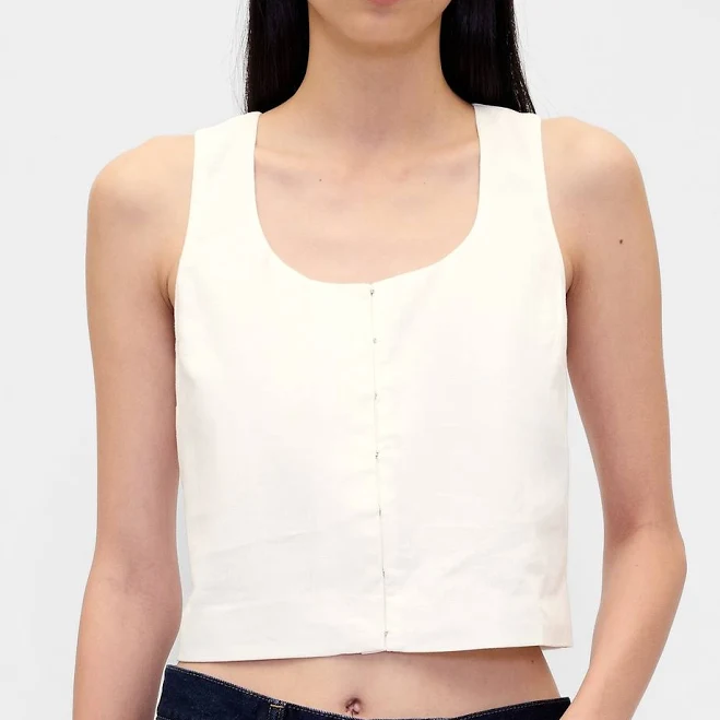 matching set Gap Women's Linen-Blend Hook-Front Crop Shell Top Gap $55