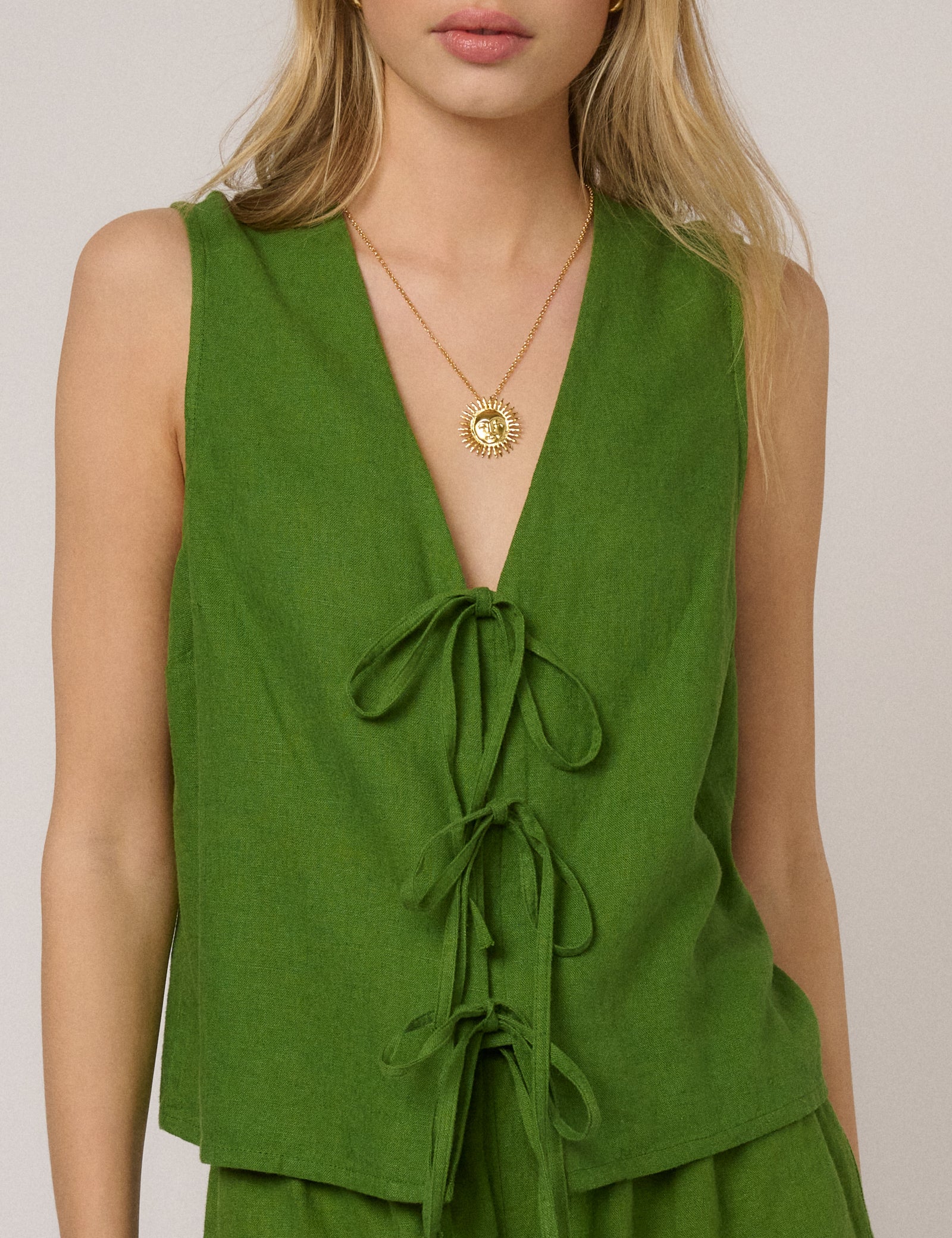 sleeveless top Green Linen-Blend Tie Front Tessa Top nobodyschild.com $80