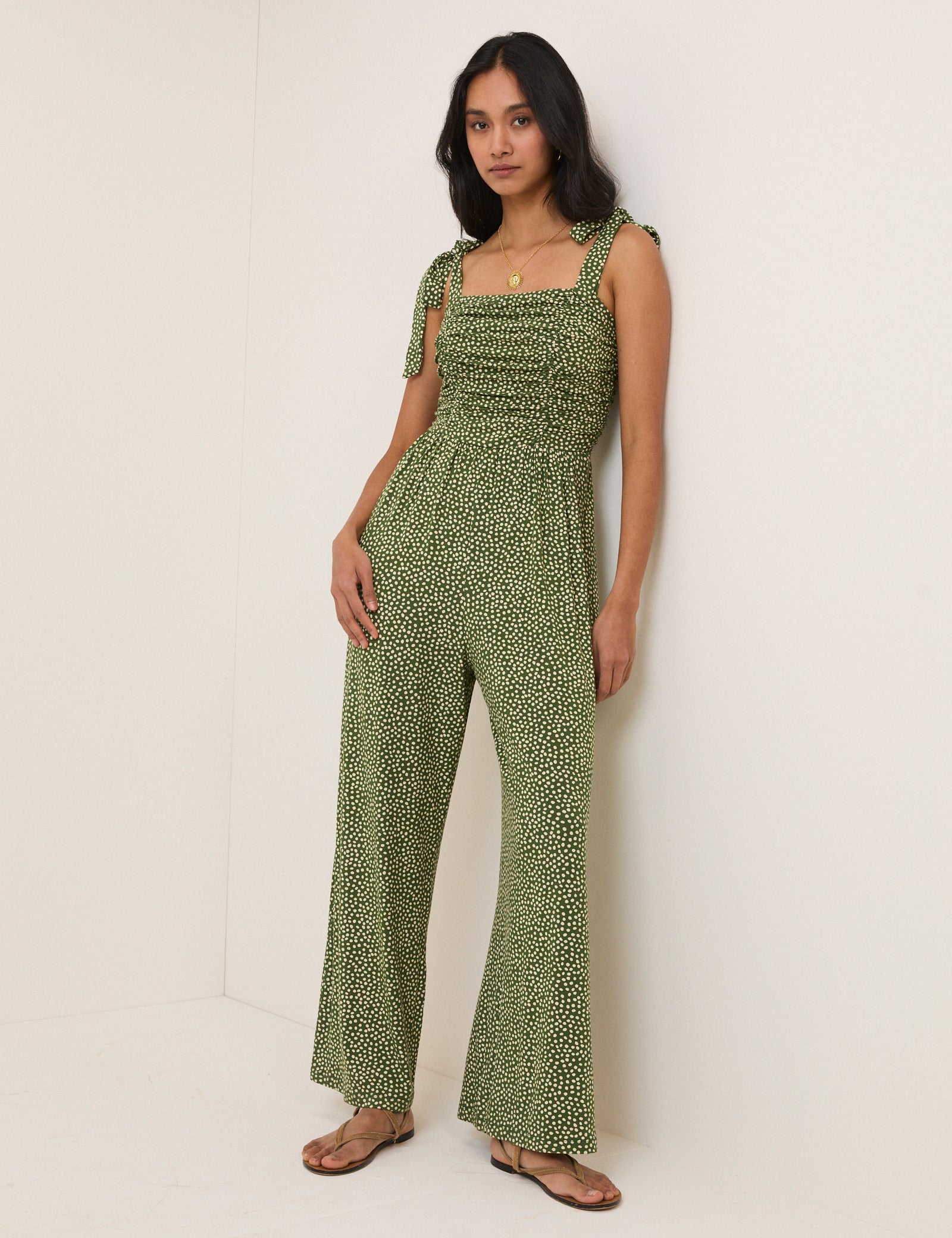 jumpsuit Green Polka Dot Tie Shoulder Jersey Jumpsuit nobodyschild.com $106