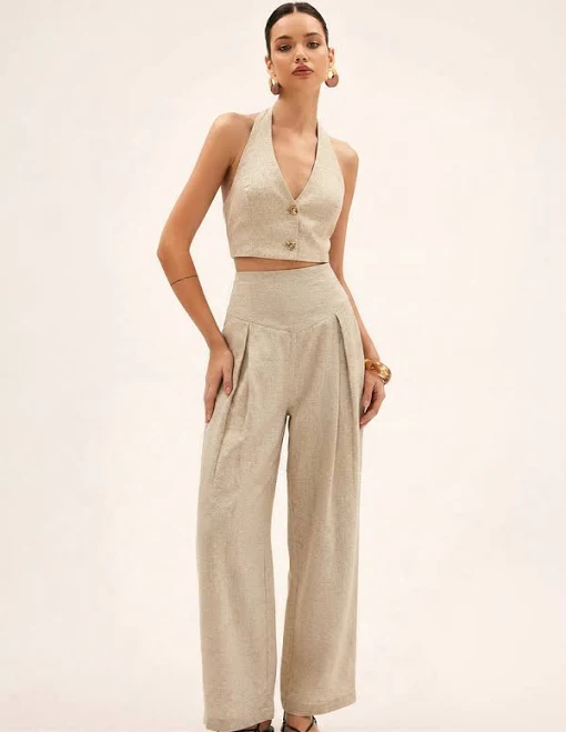 matching set Halter Linen Blend Crop Top & Pants Set Commense $66