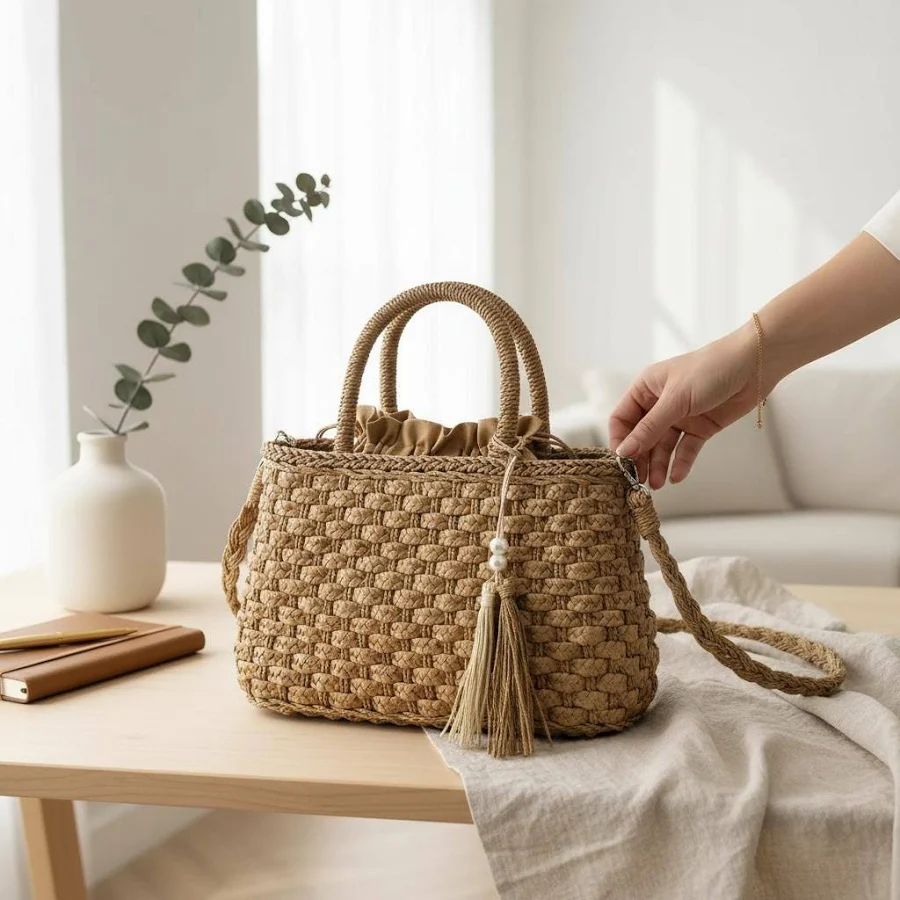 bag Handmade Straw Woven Crossbody Bag with Pearl Tassel Etsy - Seller $56
