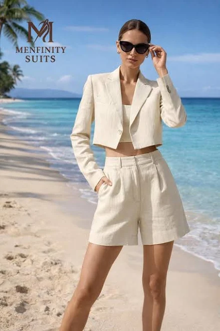 matching set Ivory Linen Co-Ord Set for Women | Cropped Blazer & Tailored Shorts | Cropped Blazer Co Ord | Summer Beach Outfit | Minimalist Outfit. Etsy - Seller $228