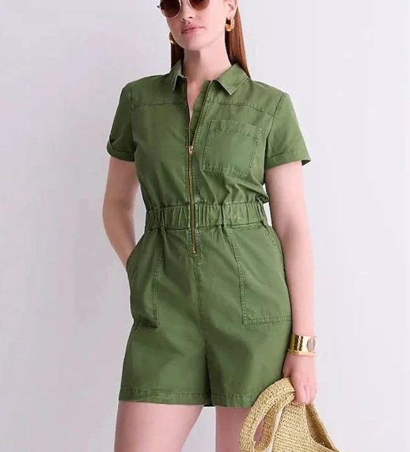 romper J Crew Romper Womens 8 Green Zip Front Chino Patch Pockets Utility eBay $40