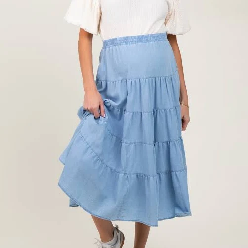 skirt Light Blue Tiered Elastic Maternity Midi Skirt PinkBlush Maternity $44
