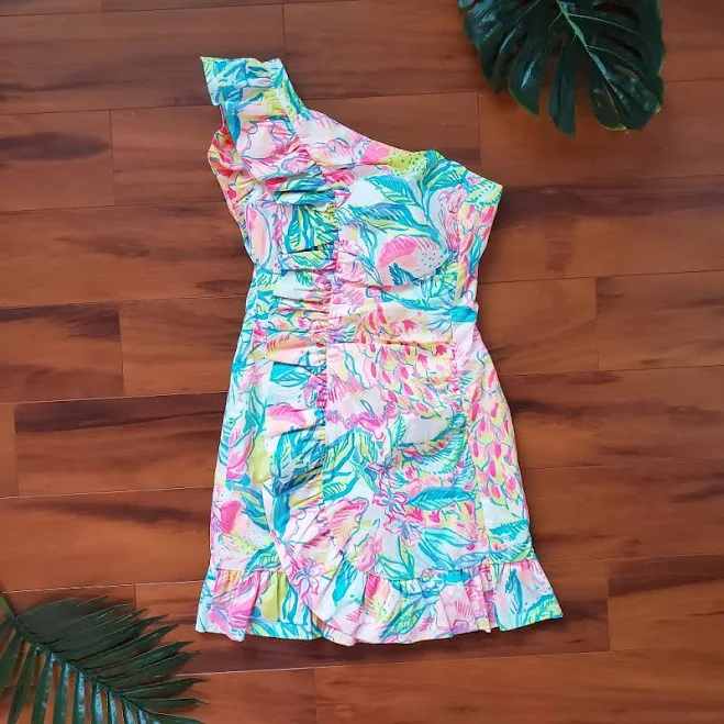 dress Lilly Pulitzer Dresses | Lilly Pulitzer One-Shoulder Tropical Print Dress In Pink, Green, Blue | Color: Pink/Yellow | Size: 0 | Pm-52524127's Closet Poshmark $60