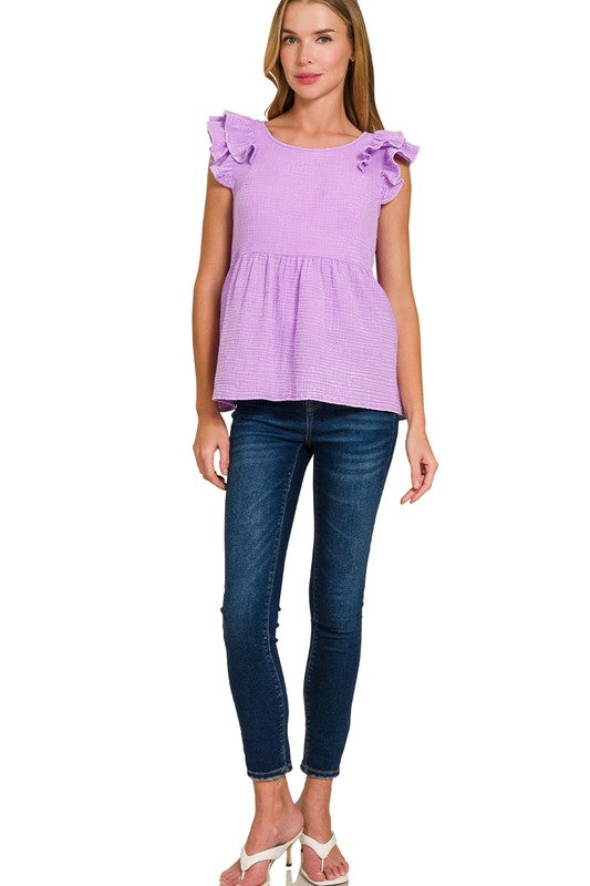 sleeveless top Lily Gauze Ruffle Peplum Top - Lavender shopbuffalospring.com $23.99