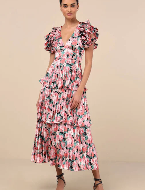 dress Lulus Floral Satin Pleated Tiered Midi Dress Lulus $40