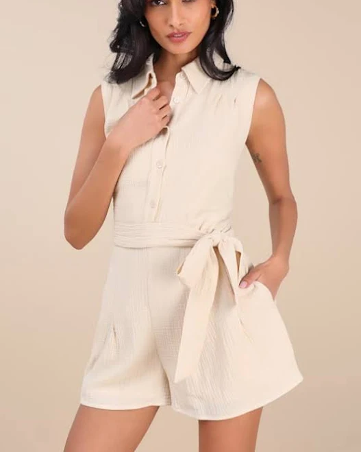 romper Lulus Gauzy Collared Belted Sleeveless Romper Lulus $31.8