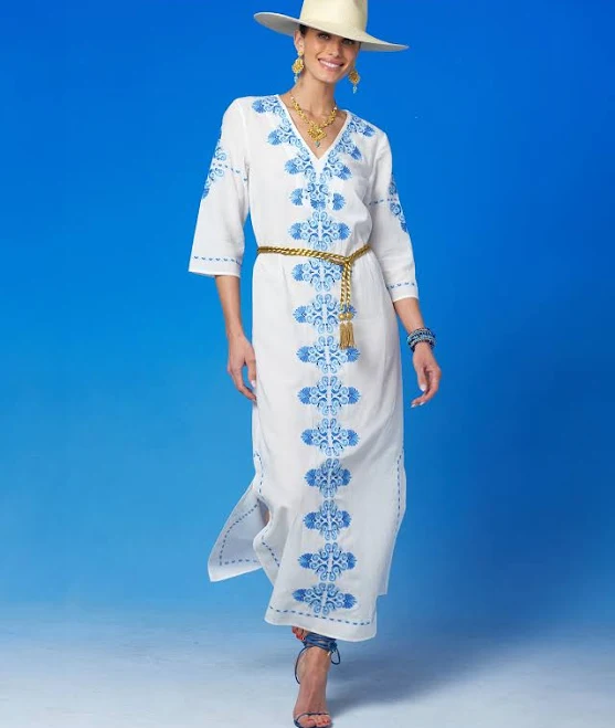 dress Menorca Long Kaftan Dress with Grecian Motif Embroidery NicoBlu $298