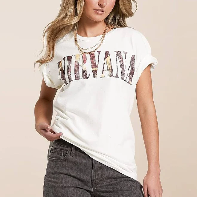 top Merch Traffic Women's Cotton Nirvana Band T-Shirt in Washed Cream/Cream | Size: XL | Buckle Buckle $34.99