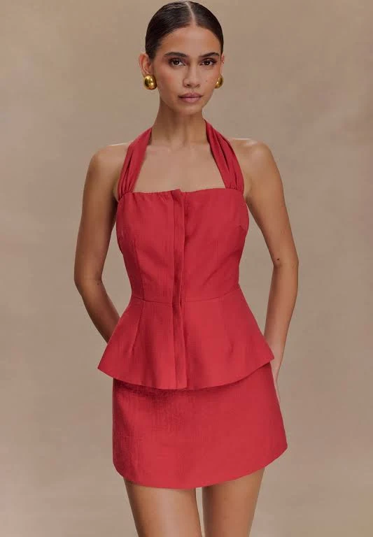 sleeveless top Meshki Kallie Linen Peplum Halter Top meshki.us $55