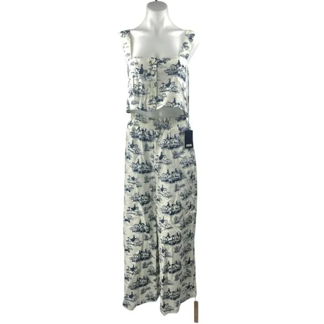 matching set NEW Reformation 100% Linen White Blue Printed Crop Tank Top & Trousers Set Sz M1 Whatnot $149.99