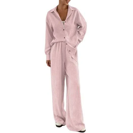 matching set Nmmued Linen 2 Piece Set for Women Button Down Shirt and Wide Leg Pants Long Sleeve Button Down Shirt and Wide Leg Pants Set Cotton Linen Outfits Pink Walmart - NMMUED $41.59
