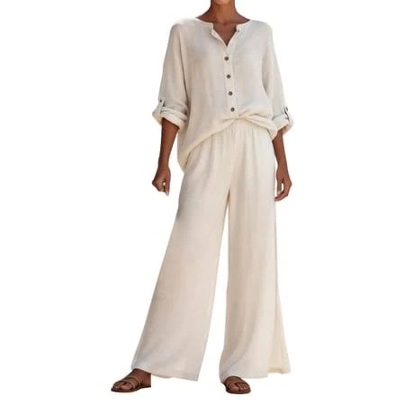 matching set Nmmued Linen Outfits Women 2 Piece Long Sleeve Button Down Shirt and Wide Leg Pants Set Button Down Shirt and Wide Leg Pants Cotton Linen Casual Pant Walmart - NMMUED $36.79