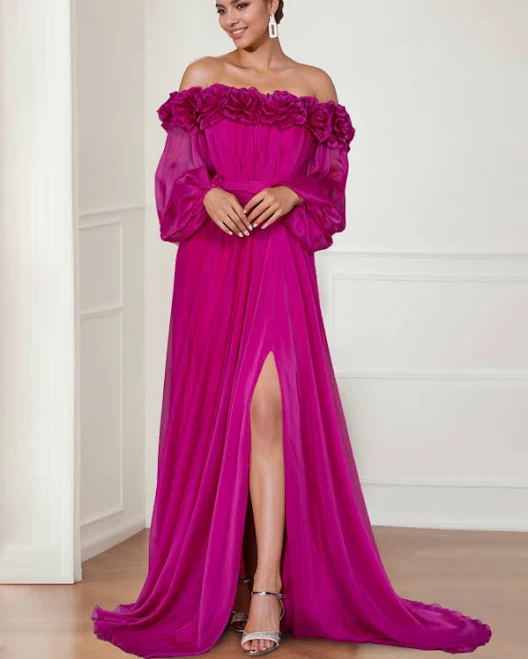 dress Off-Shoulder Floral Chiffon Maxi Gown with Split Side Mondressy $161.99