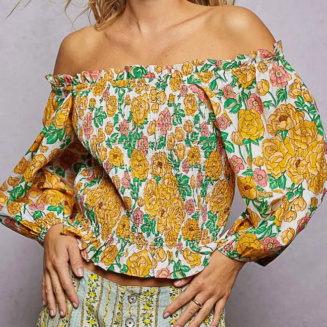 off-shoulder top Off-Shoulder Smocked Floral Print Blouse ShopSimon $49.76