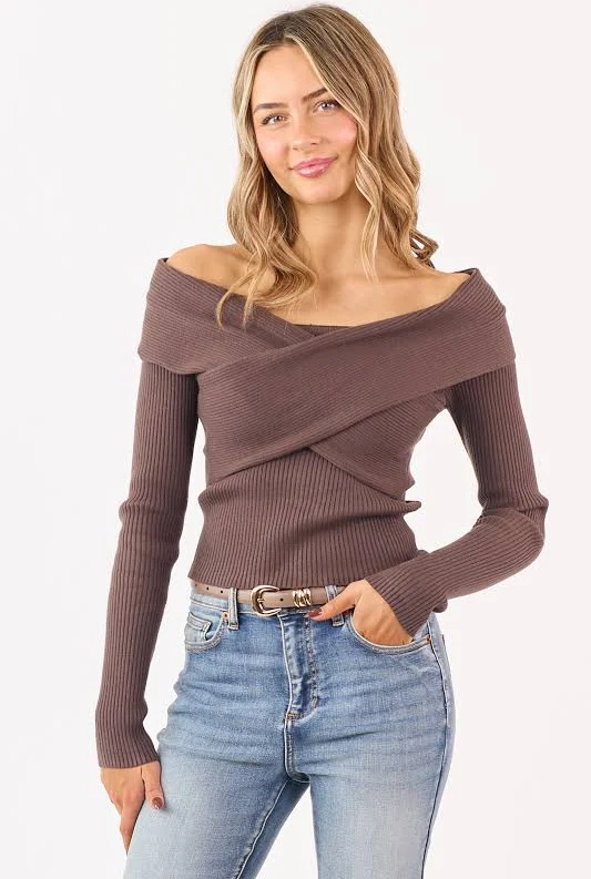 top Off Shoulder Wrap Style Rib Knit Sweater Top Lime Lush $36.95