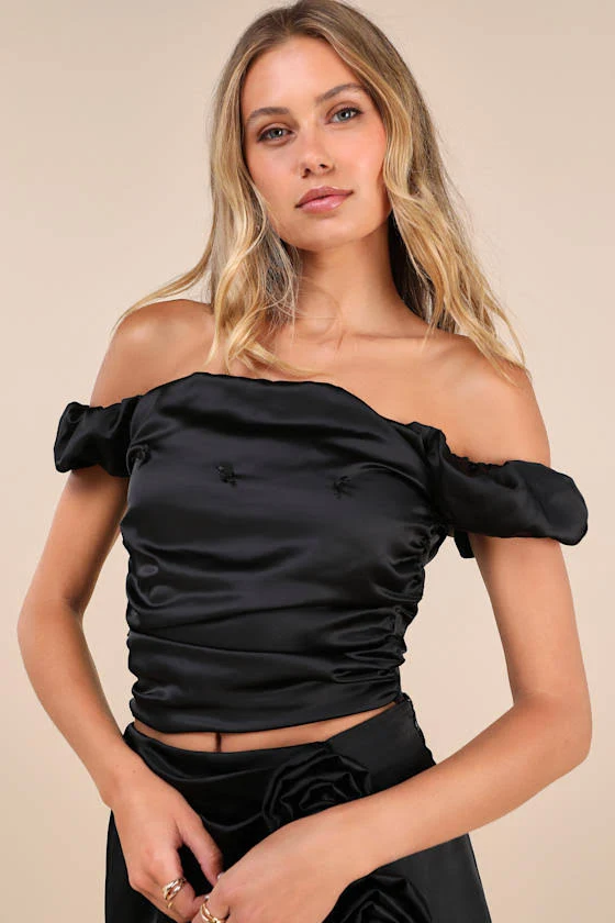 top Off-The-Shoulder Satin Rosette Puff Sleeve Top Lulus $40