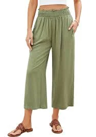 pants Olive Green Women's High Waisted Wide Leg Elastic Waist Linen Palazzo Pants Pull On Smock Waist Baggy Fit Trousers Lookbook Store $51.99