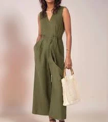 jumpsuit Olive Linen Jumpsuit Women – Sleeveless V-Neck Wide Leg Romper, Minimalist Summer Outfit with Pockets Etsy $149