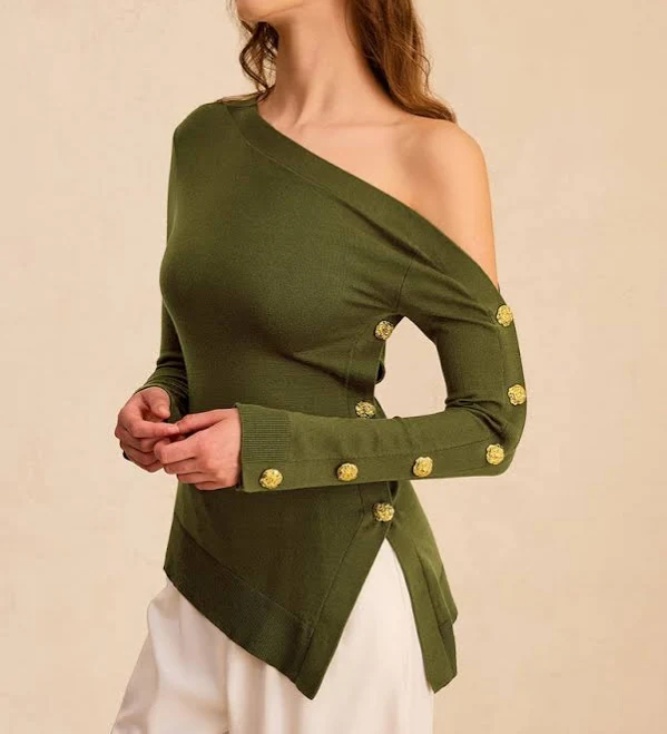 top One-Shoulder Asymmetric Knit Top with Metal Detail Commense $39