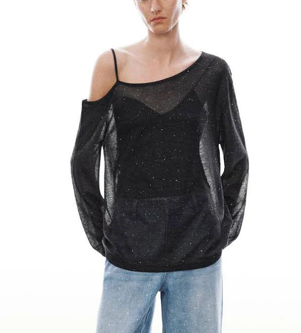 top One Shoulder Long Sleeve Knitted T-Shirt urbanrevivo $47.9