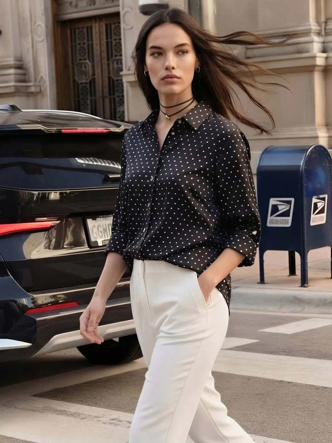 top Polka Dot Long Sleeve Stretch Satin Button Down Shirt New York & Company $25.99