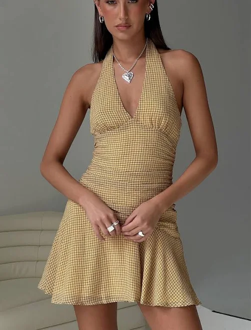 dress Princess Polly Sayla Halter Ruched Check Mini Dress Princess Polly US $27