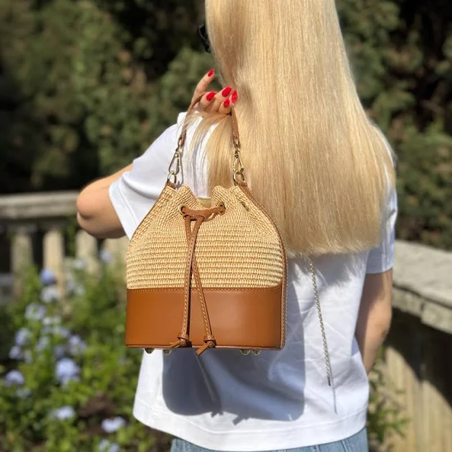 bag Raffia Leather Bucket Bag Etsy - Seller $149