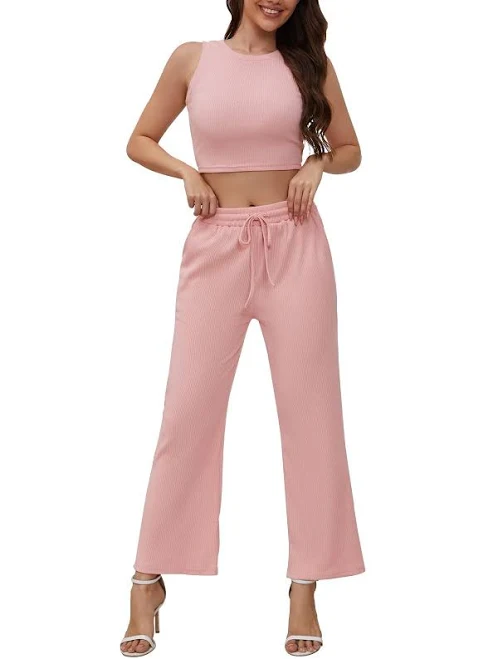 two piece set Ribbed Knit Lounge Set: Sleeveless Crop, Wide Leg Pants (pink, M) eBay - j-a.wright $29.99