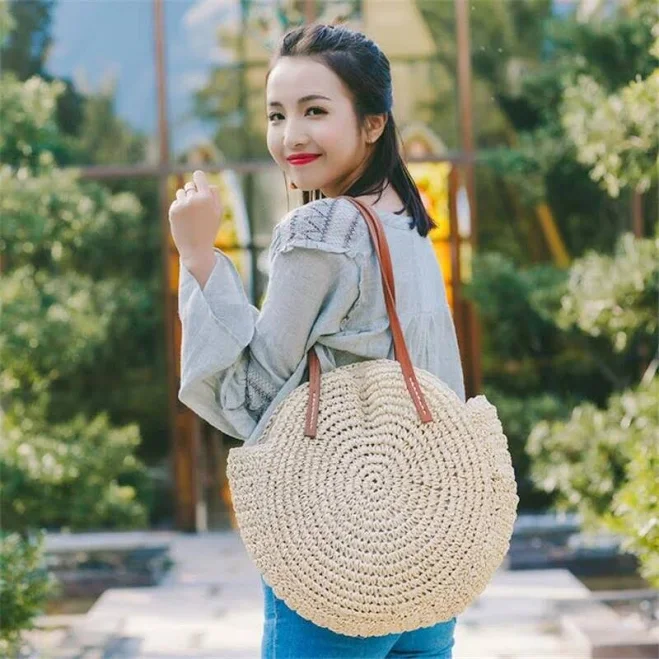 bag Round Straw Bag Vintage Handmade Woven Raffia Circle Bohemian Vacation eBay $19.99