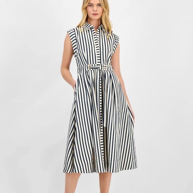 sundress Sam Edelman Striped Belted Seersucker Midi Shirtdress Macy's $138