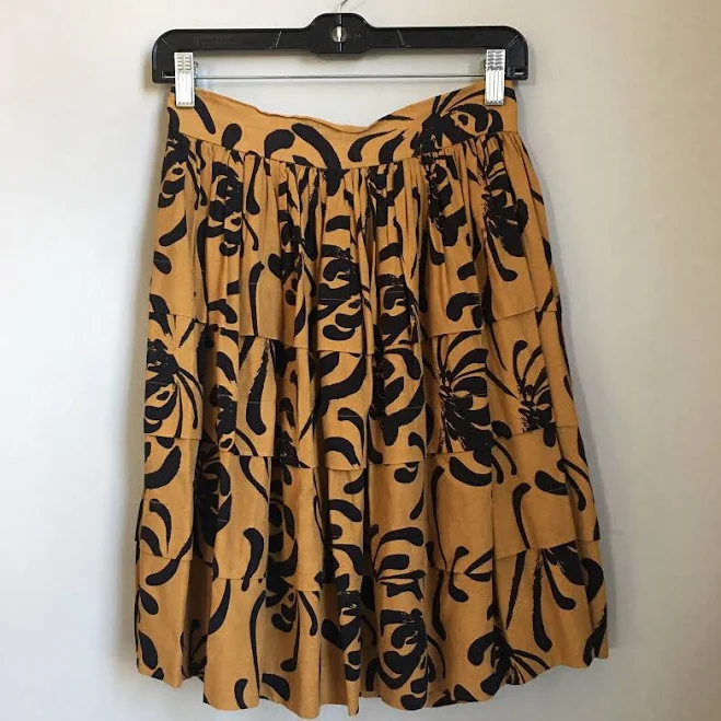 skirt Sariah Midi Skirt Tiered Women's 2 Mustard Yellow Black Abstract Art eBay - house-of-haas $9.87