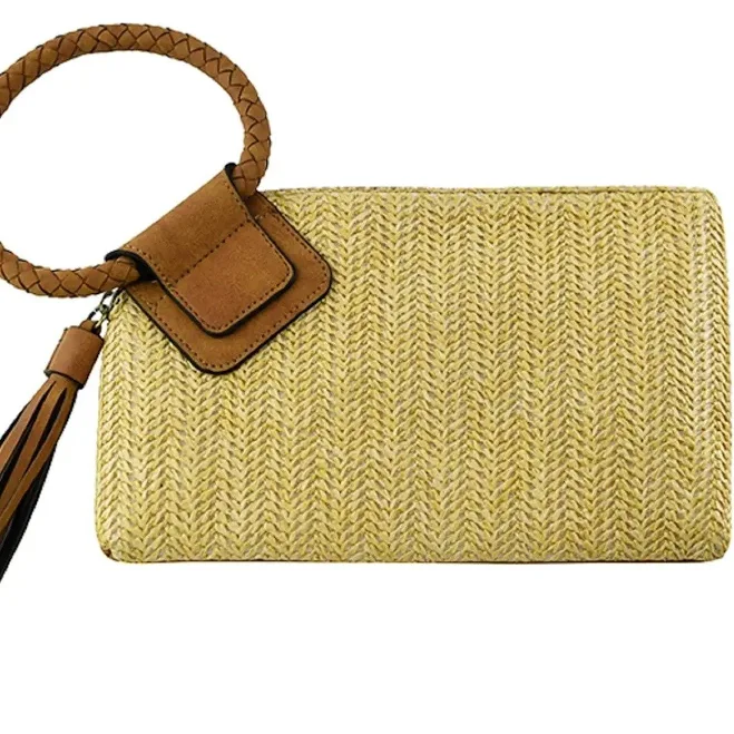 bag Straw Wristlet Clutch with Vegan Leather Cuff Handle Salty Home $26